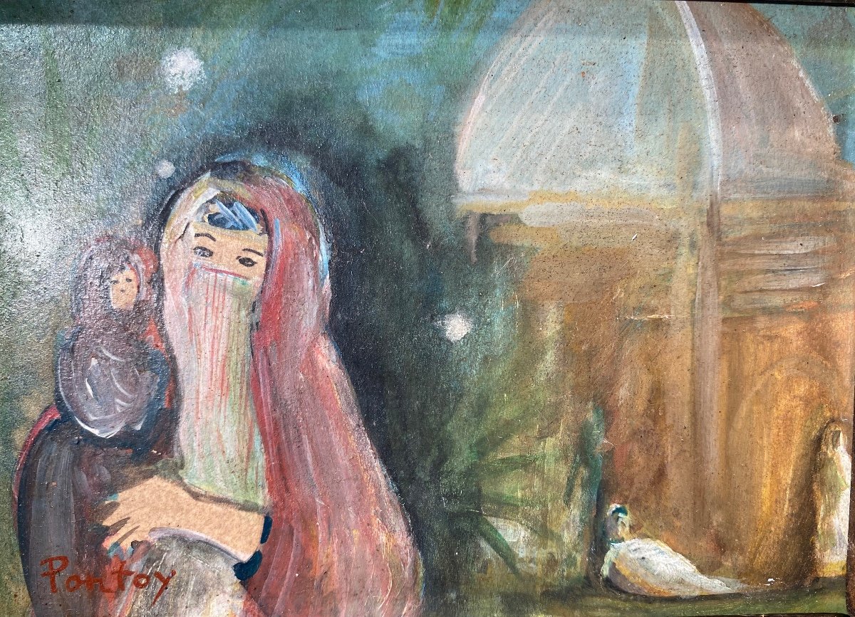 Small Orientalist Oil On Panel Signed By Henri-jean Pontoy, 1930s/1950s-photo-3