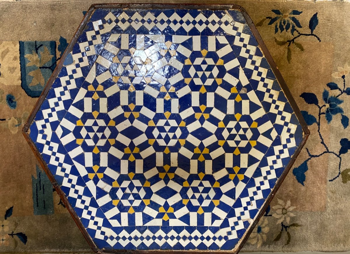 Moroccan Hexagonal Coffee Table, Ceramic And Wood, Early 20th Century-photo-2