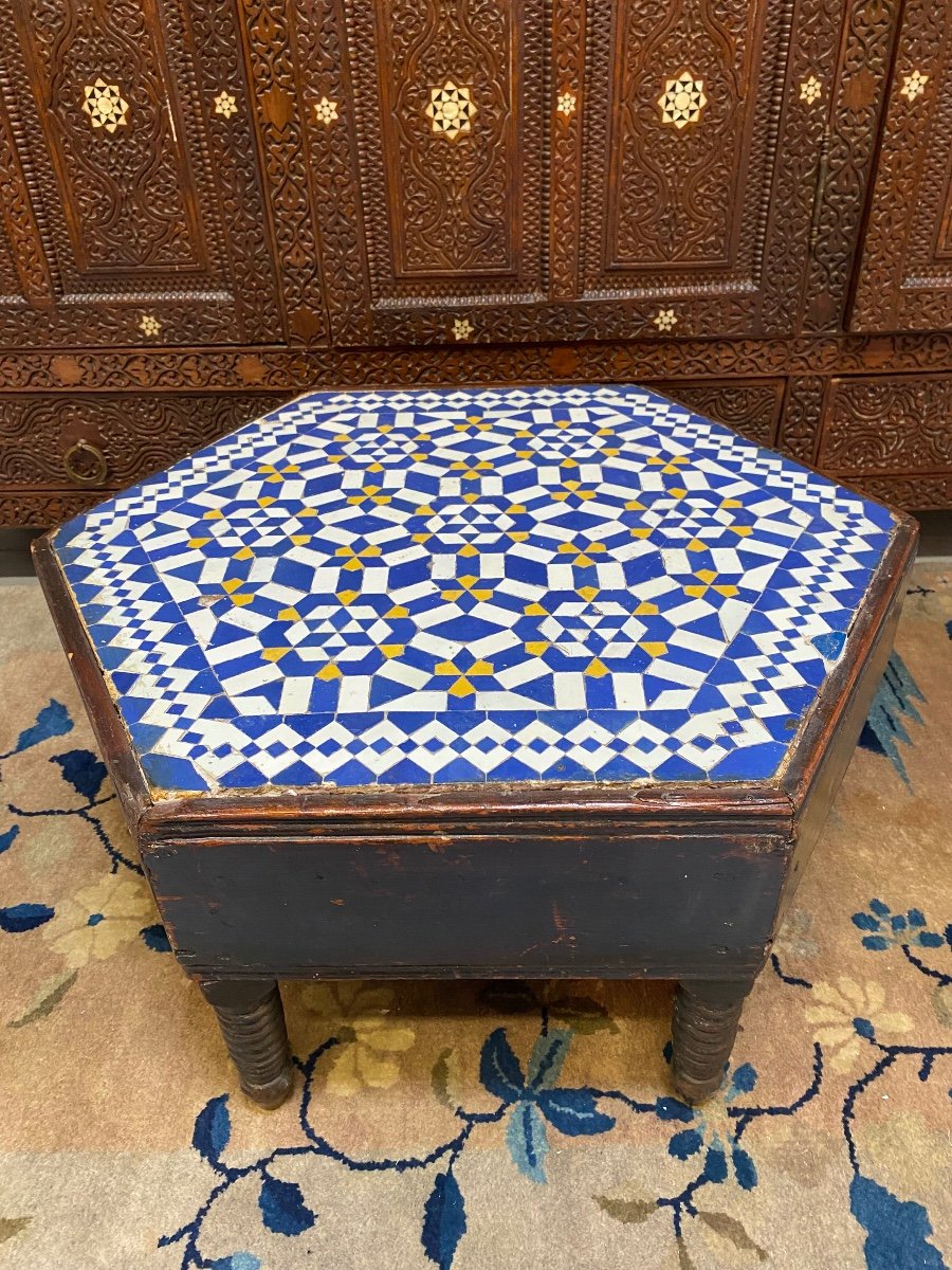 Moroccan Hexagonal Coffee Table, Ceramic And Wood, Early 20th Century