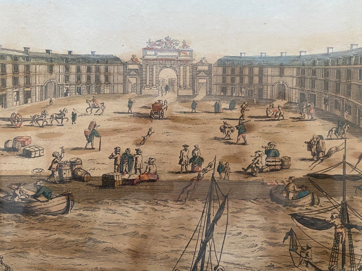Gravure Rehaussée De Bordeaux Porte Et Place De Bourgogne, Epoque Louis XV-photo-3