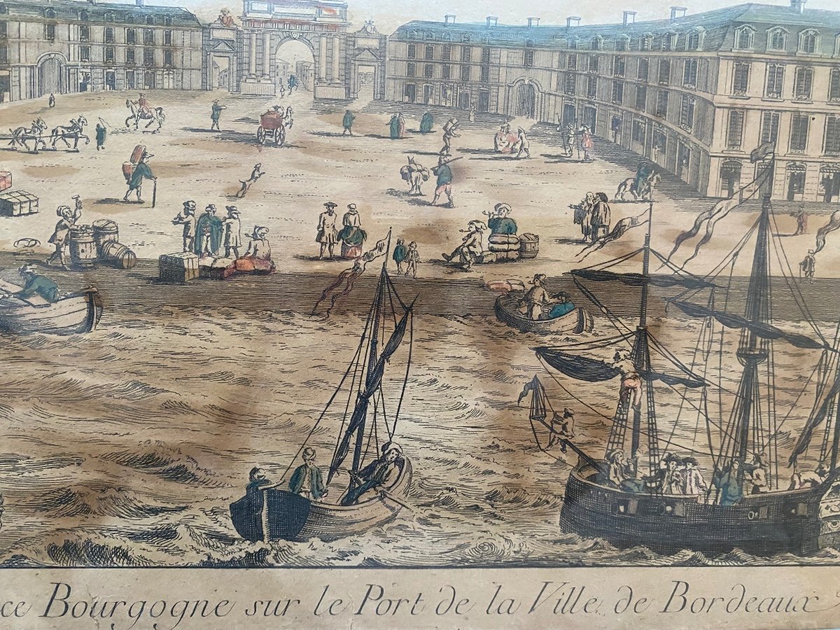 Gravure Rehaussée De Bordeaux Porte Et Place De Bourgogne, Epoque Louis XV-photo-2