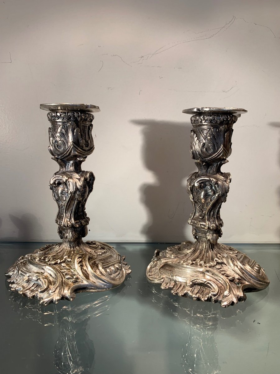 Pair Of Rocaille Candlesticks In Silvered Bronze, Late 19th Century-photo-2