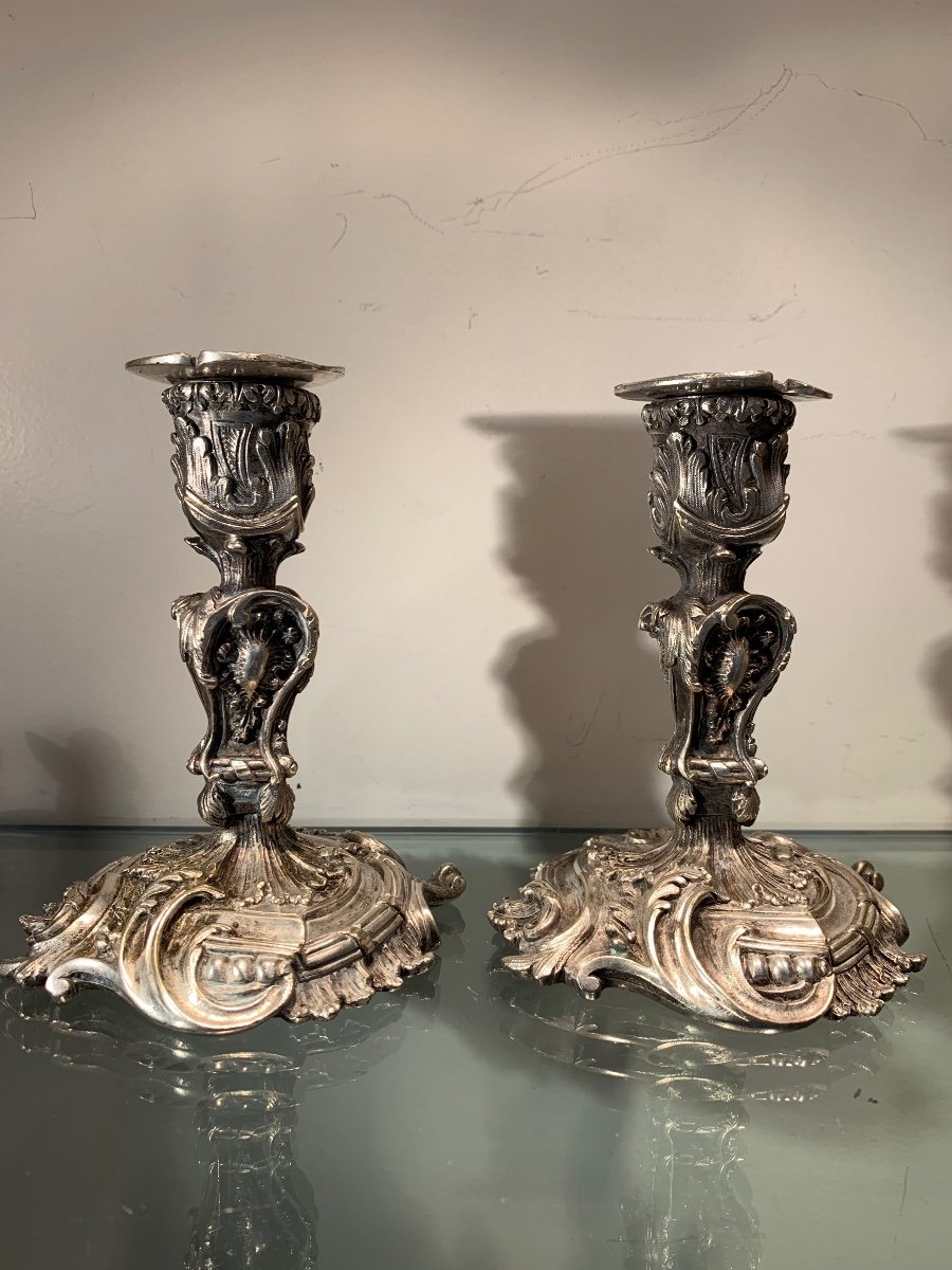 Pair Of Rocaille Candlesticks In Silvered Bronze, Late 19th Century-photo-3