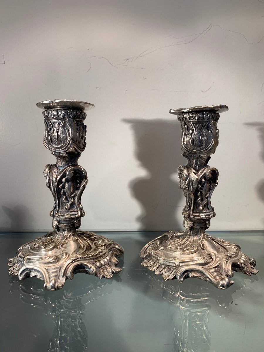 Pair Of Rocaille Candlesticks In Silvered Bronze, Late 19th Century-photo-1