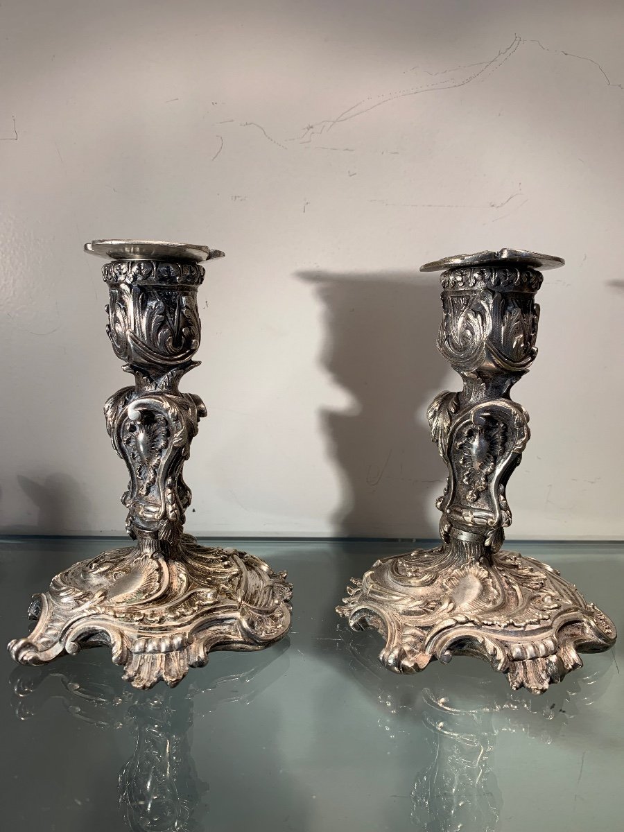 Pair Of Rocaille Candlesticks In Silvered Bronze, Late 19th Century-photo-2