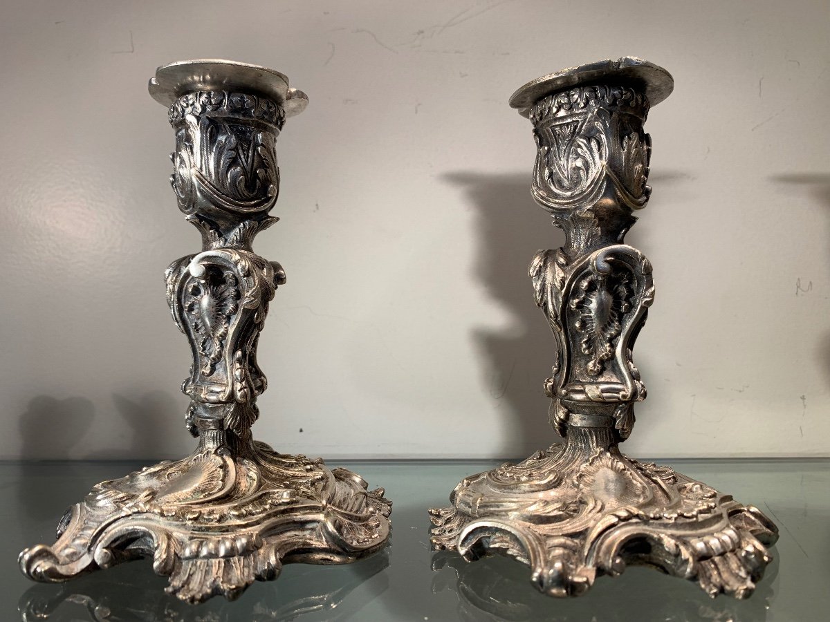 Pair Of Rocaille Candlesticks In Silvered Bronze, Late 19th Century-photo-5