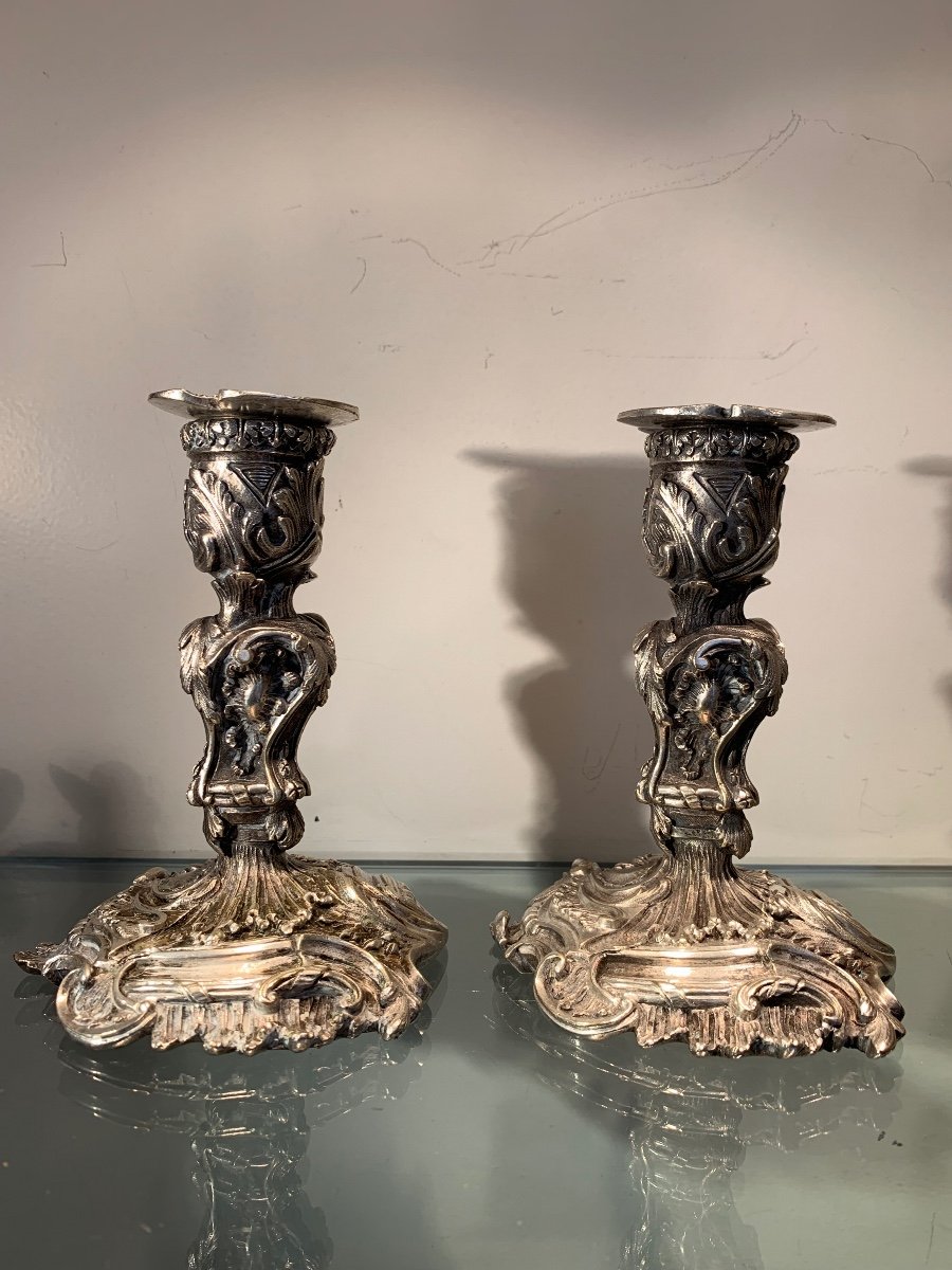 Pair Of Rocaille Candlesticks In Silvered Bronze, Late 19th Century