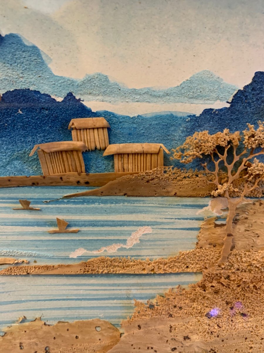 Panneau Indochinois Paysage Miniaturiste, Bois De Liège, Epoque 1ère Moitié XXeme-photo-3