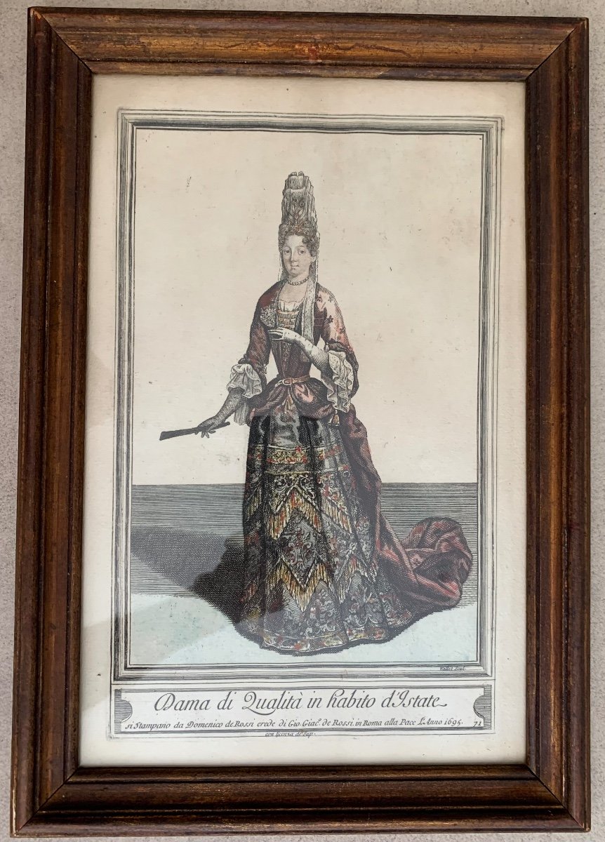 Italian Engraving Of Quality Lady By Domenico De Rossi, Late 17th Century