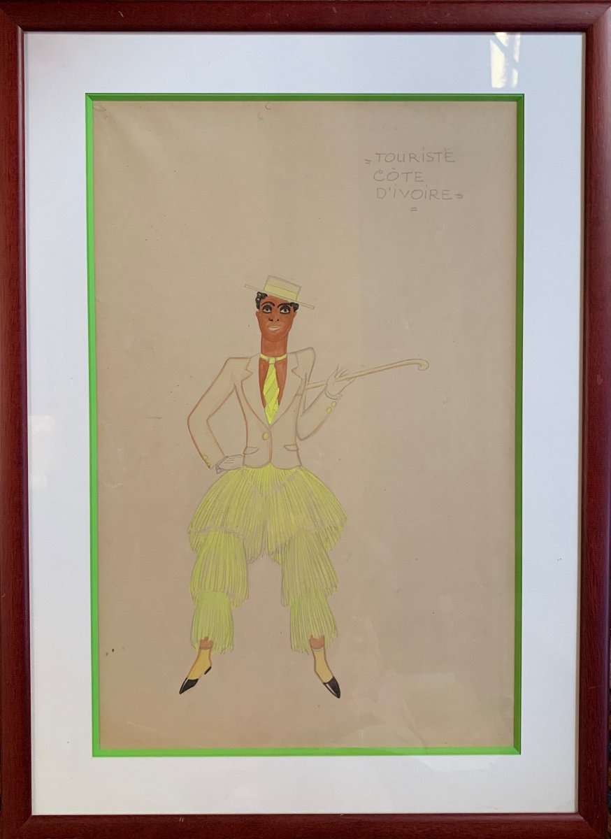 Two Humorous Gouaches "ivory Coast Tourists", 1930s-photo-3