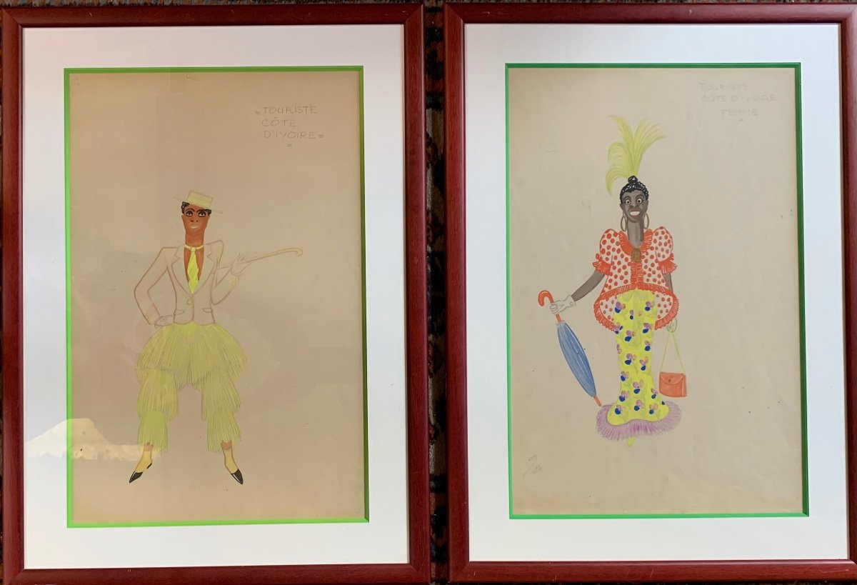 Two Humorous Gouaches "ivory Coast Tourists", 1930s