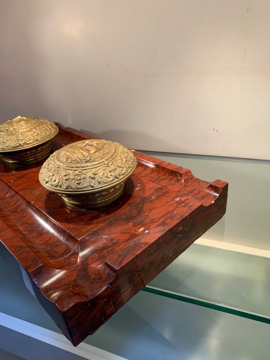 Large Inkwell With Gorgons, Bronze And Griotte Marble, Late 19th Century-photo-1