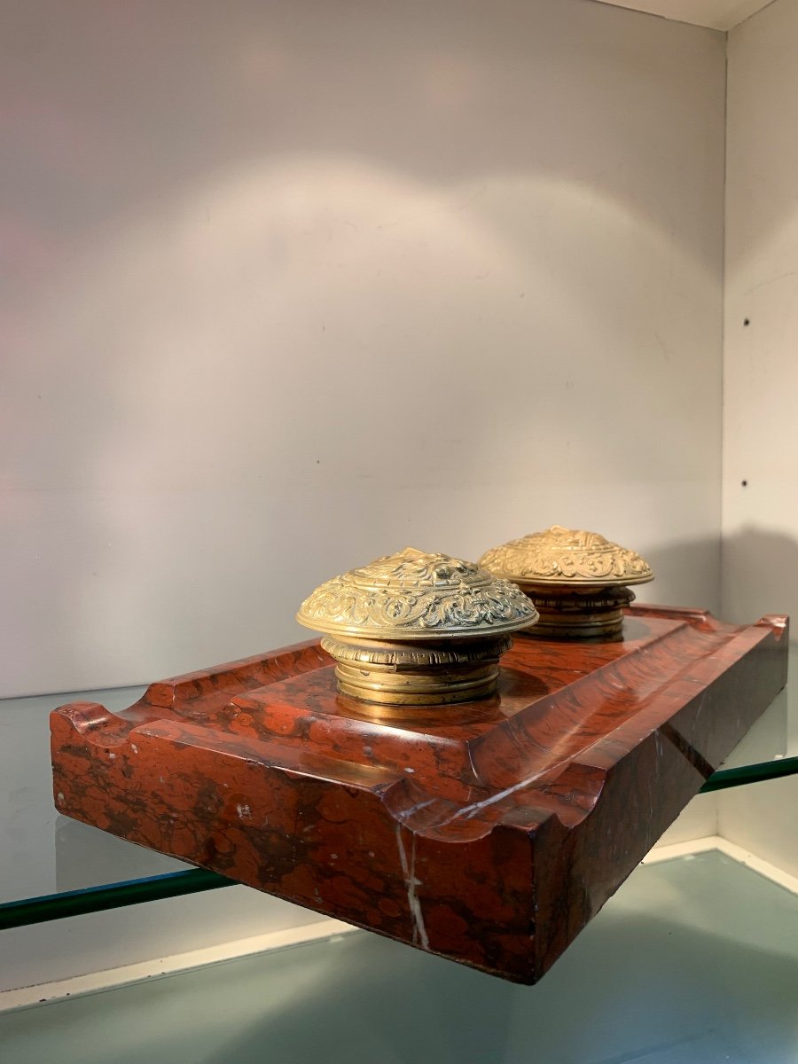 Large Inkwell With Gorgons, Bronze And Griotte Marble, Late 19th Century-photo-2