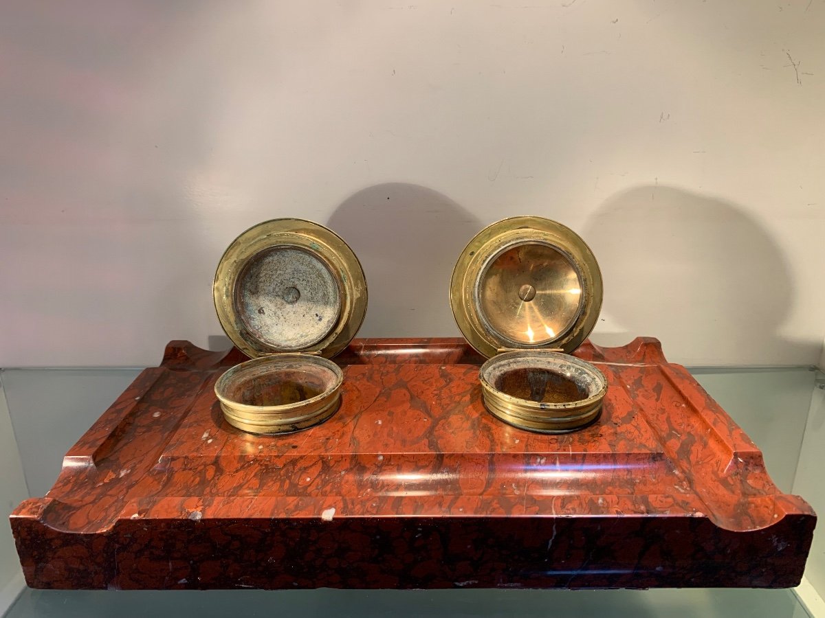 Large Inkwell With Gorgons, Bronze And Griotte Marble, Late 19th Century-photo-5
