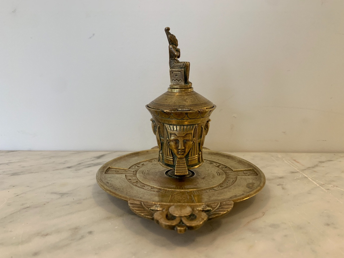 Egyptian Style Bronze Inkwell, Late 19th Century-photo-3