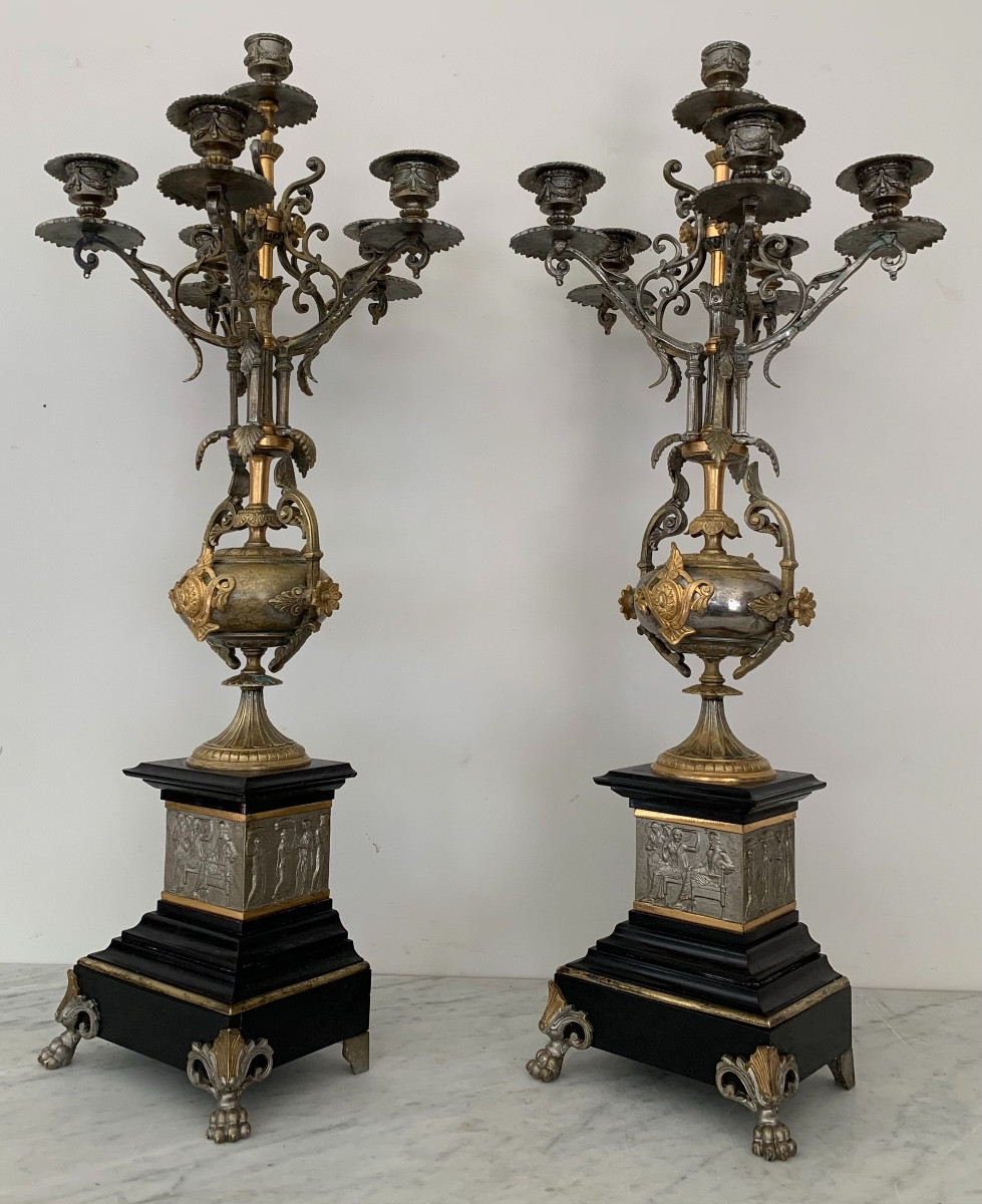 Pair Of Bronze And Marble Candelabras, 19th Century-photo-2