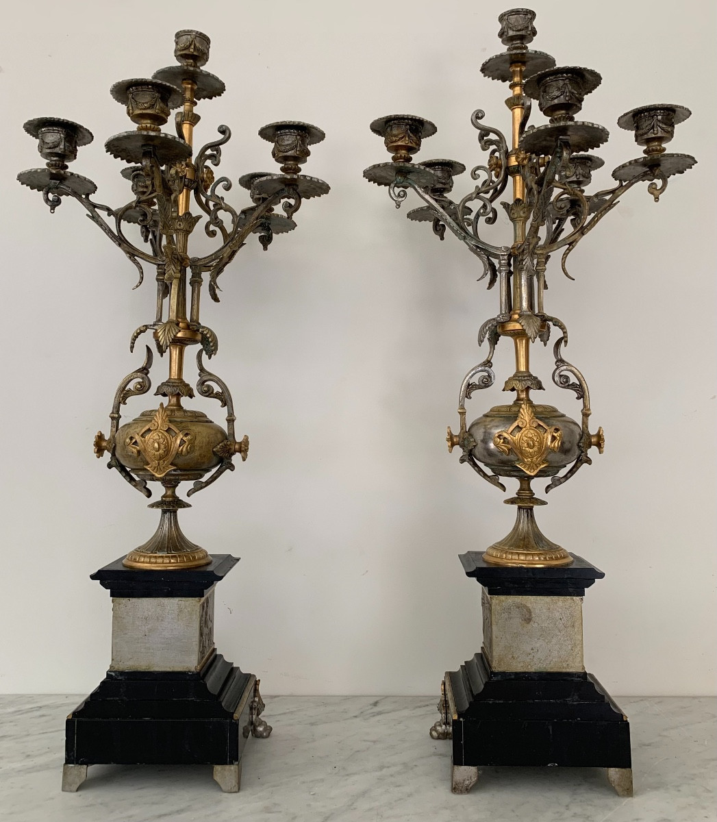 Pair Of Bronze And Marble Candelabras, 19th Century-photo-1