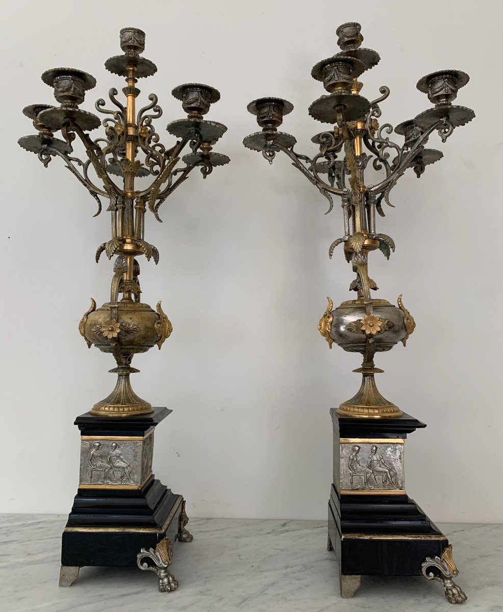Pair Of Bronze And Marble Candelabras, 19th Century-photo-3