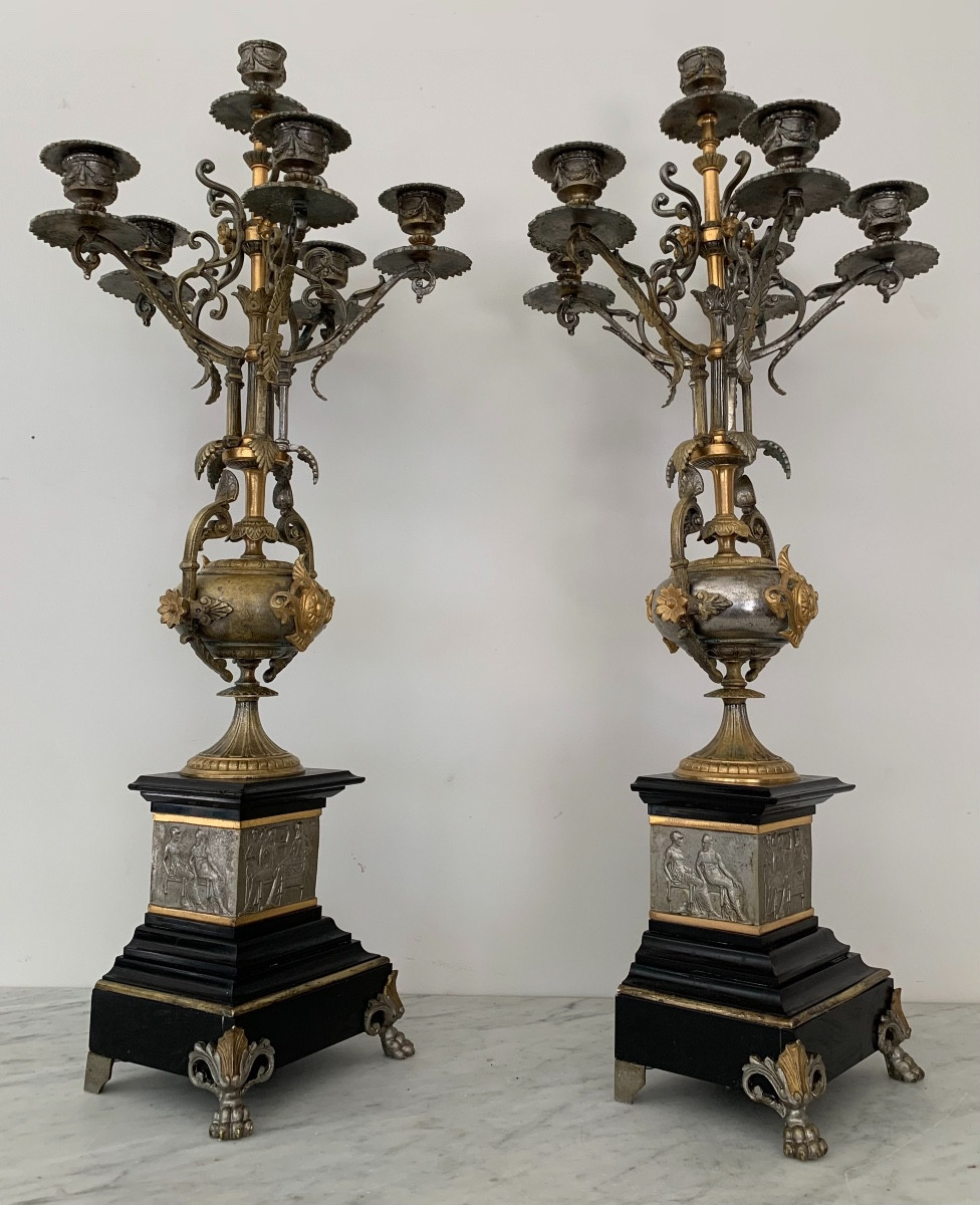 Pair Of Bronze And Marble Candelabras, 19th Century-photo-4
