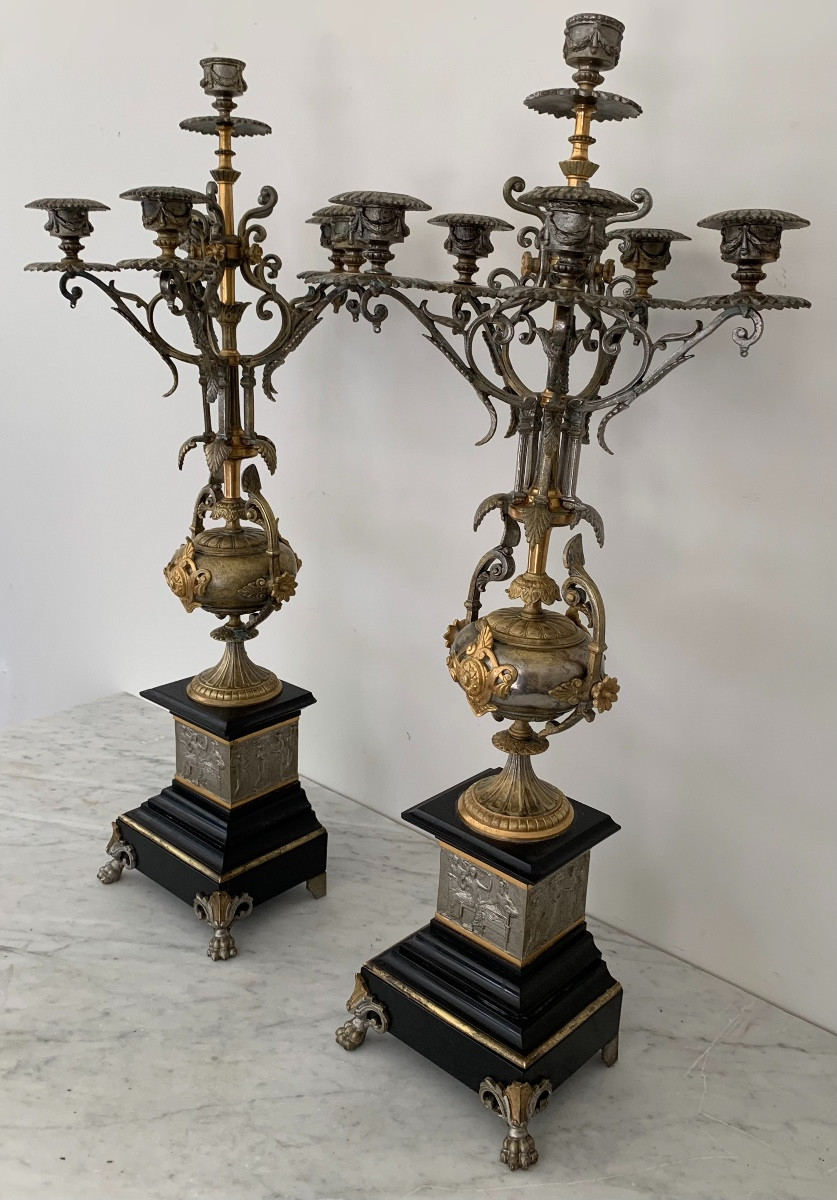 Pair Of Bronze And Marble Candelabras, 19th Century-photo-7