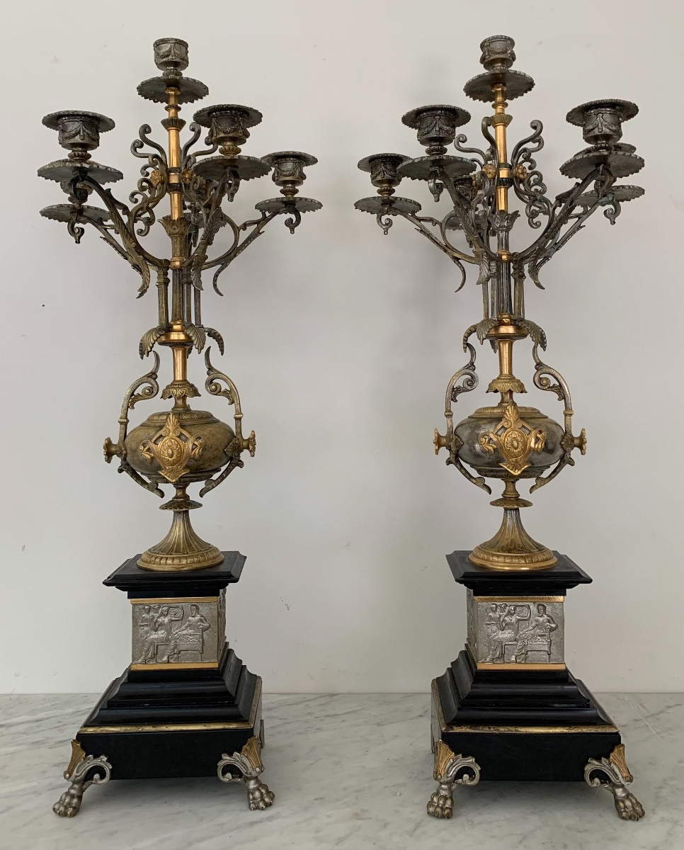 Pair Of Bronze And Marble Candelabras, 19th Century