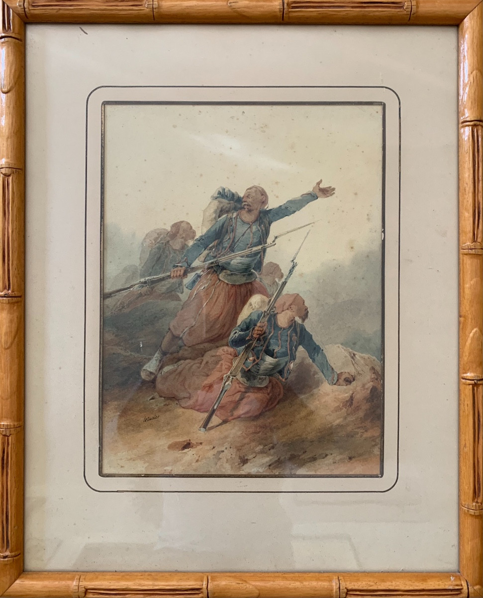 Watercolor Orientalist Battle Scene By Pierre Letuaire, 19th Century