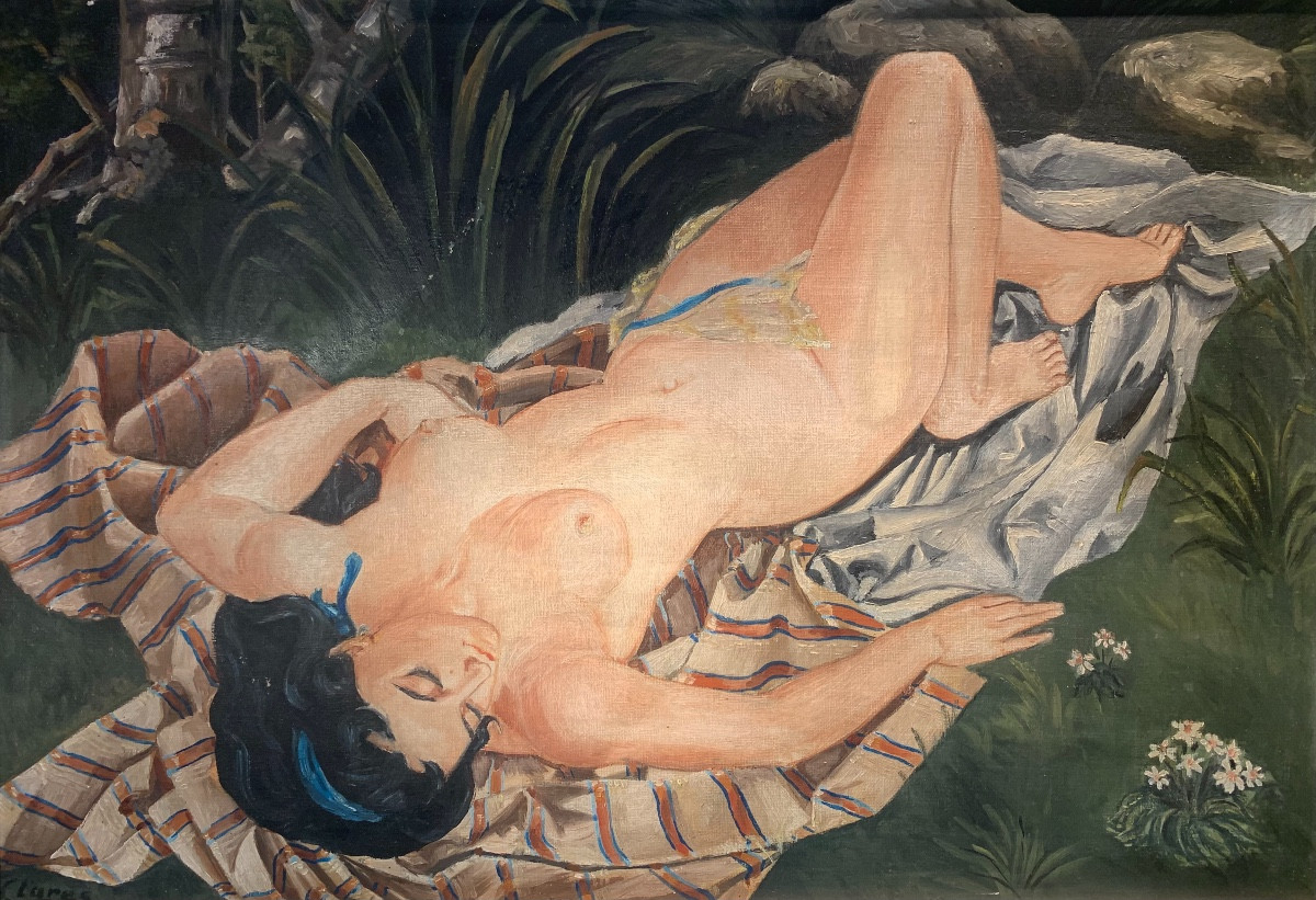 Huile Sur Toile, Nu Féminin Signé Clares, Années 1960