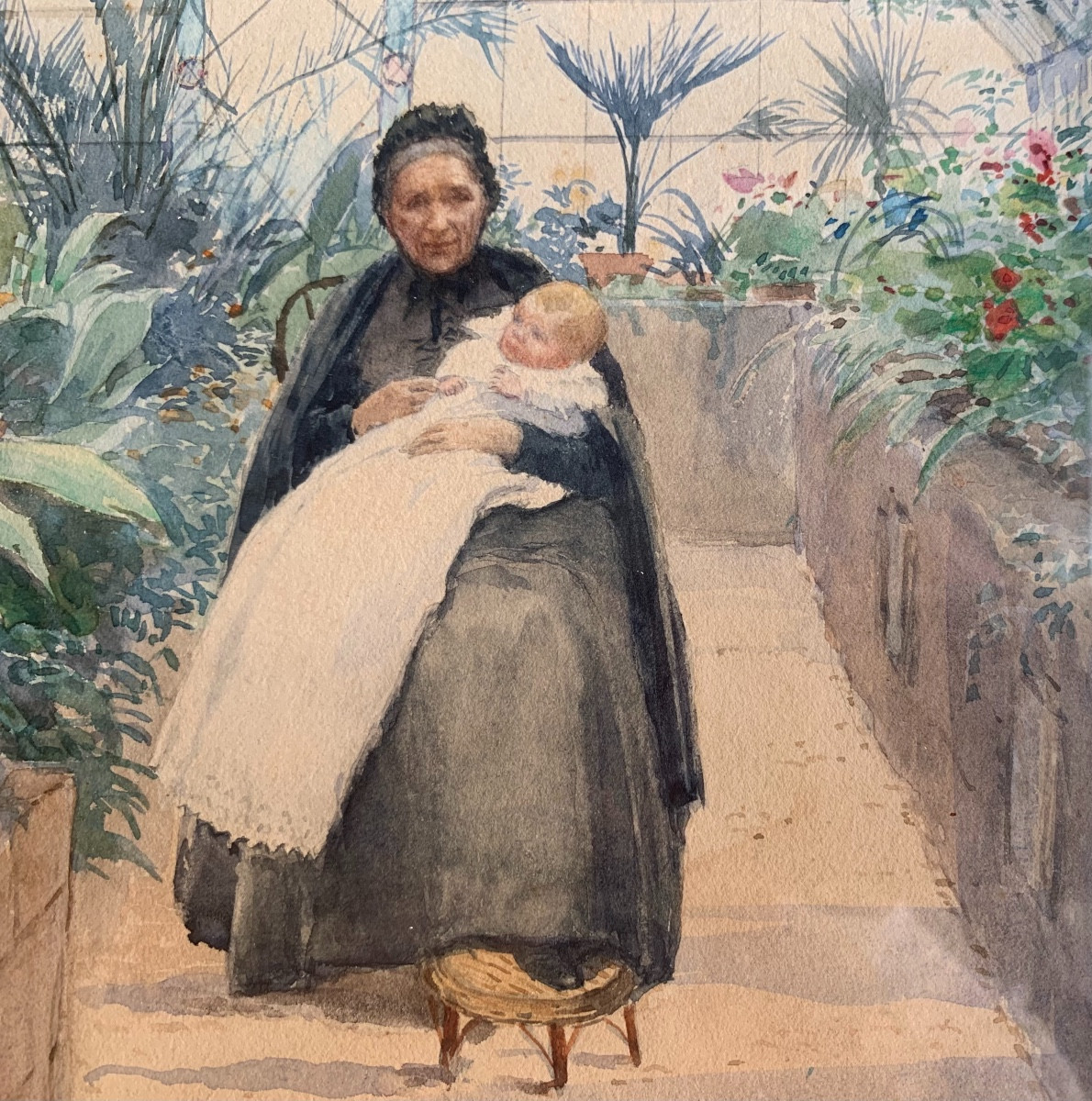 Watercolor Scene In A Winter Garden By Marguerite Rossert, Period 1900-photo-2
