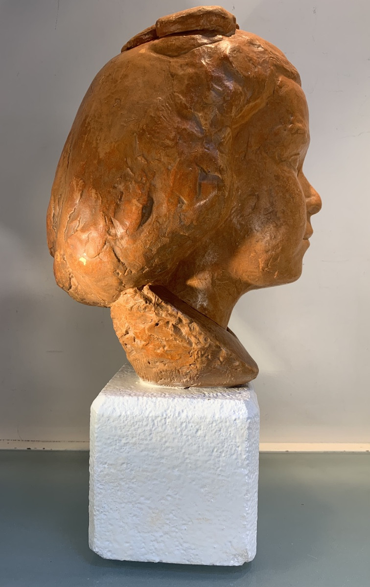 Tête De Jeune Femme, Plâtre D'Atelier Signé Thiollier, Années 1930/1940-photo-3