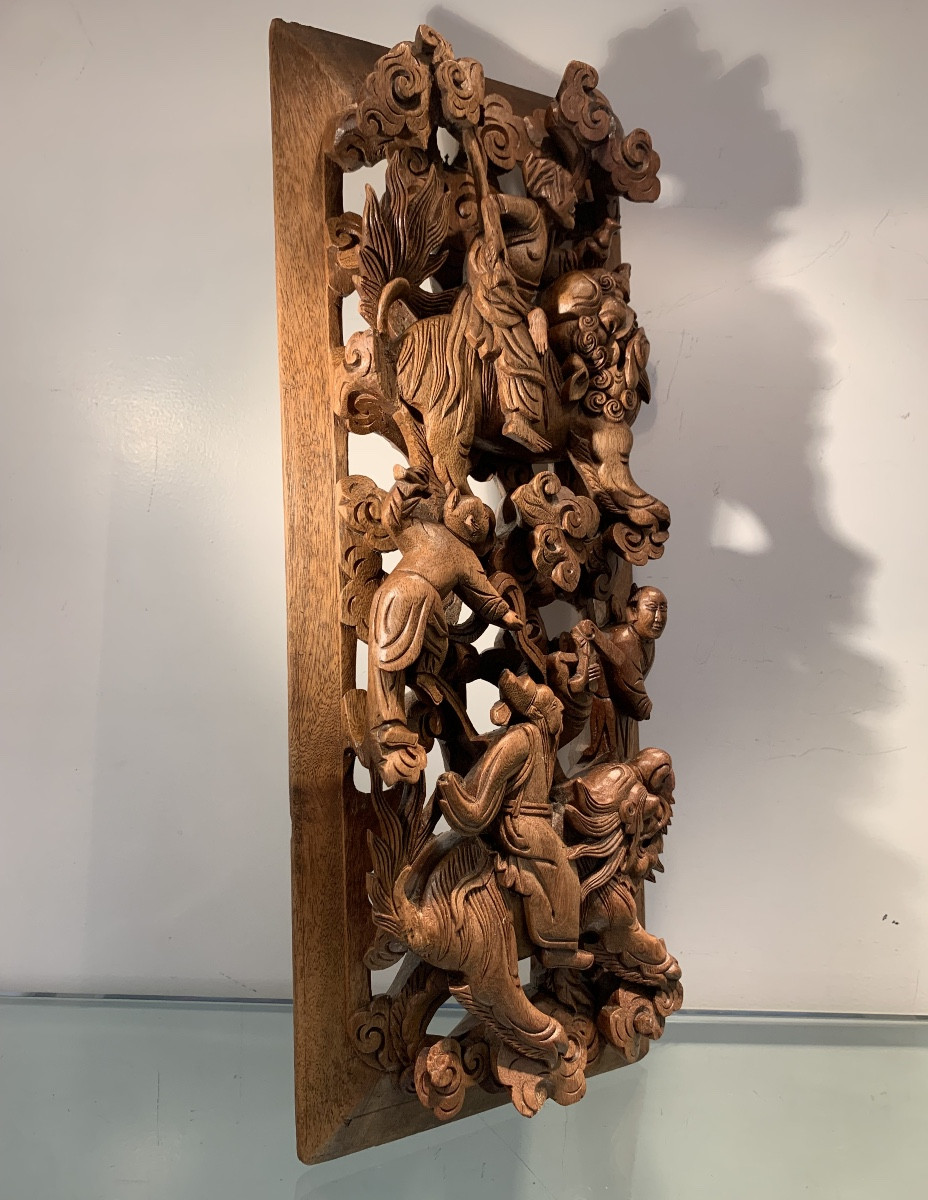 Panneau Chinois En Haut Relief, Bois Sculpté, Epoque Fin XIXème/Début XXème-photo-3