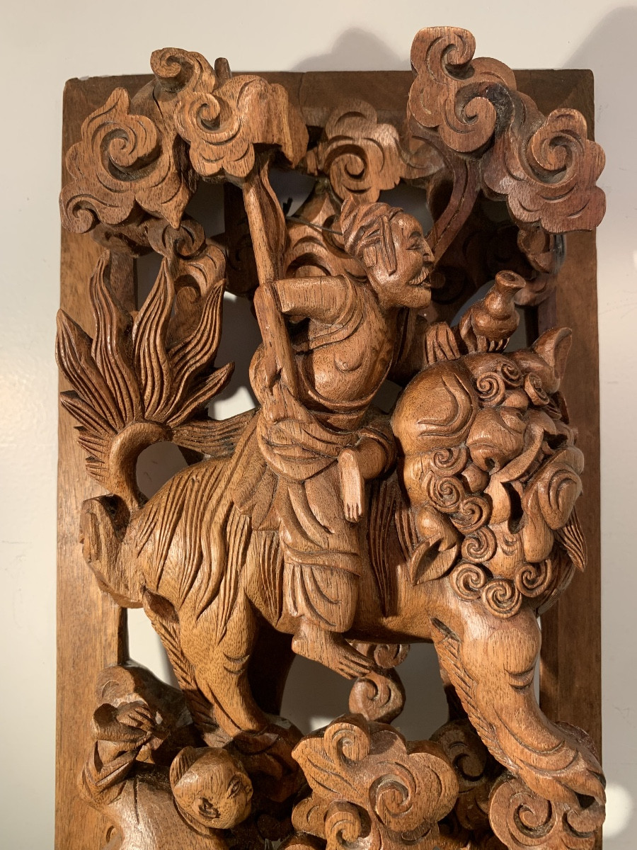 Panneau Chinois En Haut Relief, Bois Sculpté, Epoque Fin XIXème/Début XXème-photo-3