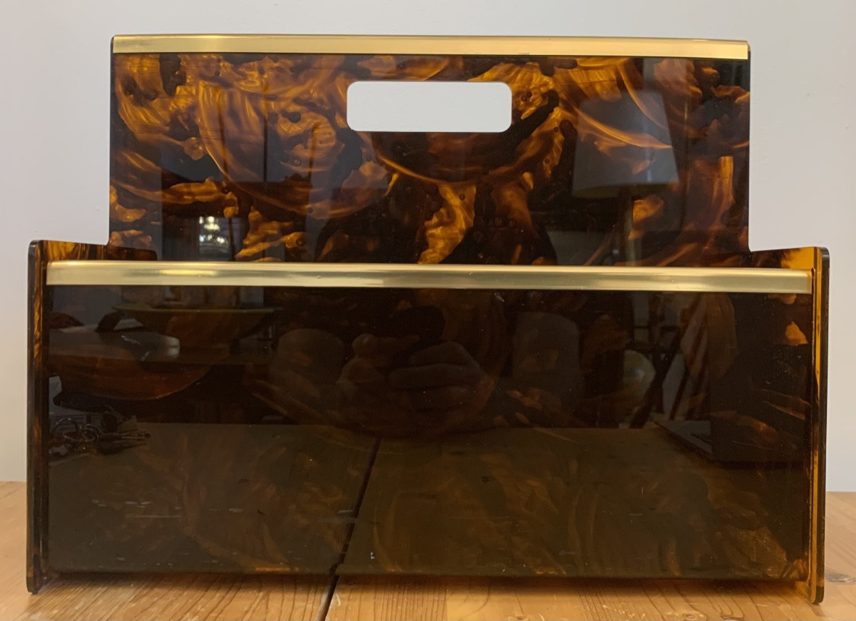 Tortoiseshell-style Plexiglass Magazine Rack, France, 1970s-photo-4