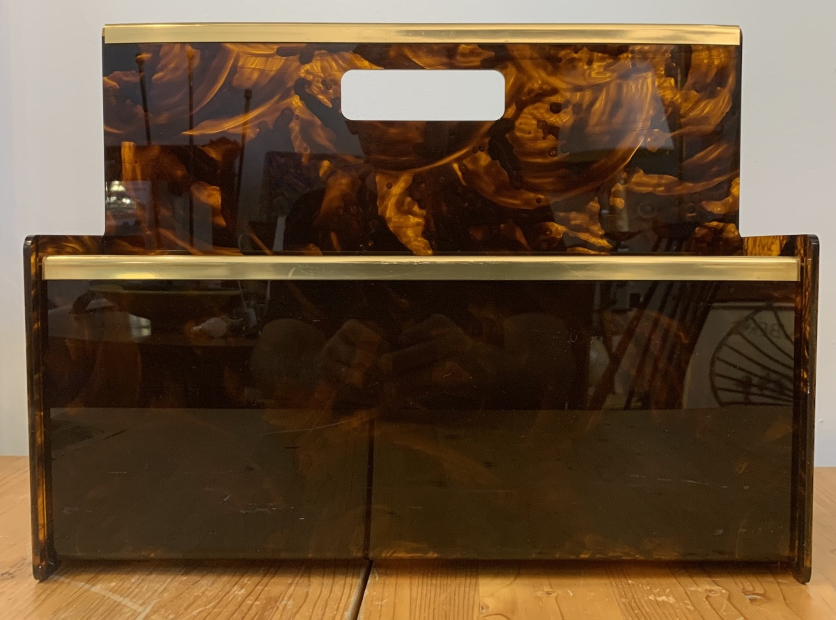 Tortoiseshell-style Plexiglass Magazine Rack, France, 1970s-photo-3