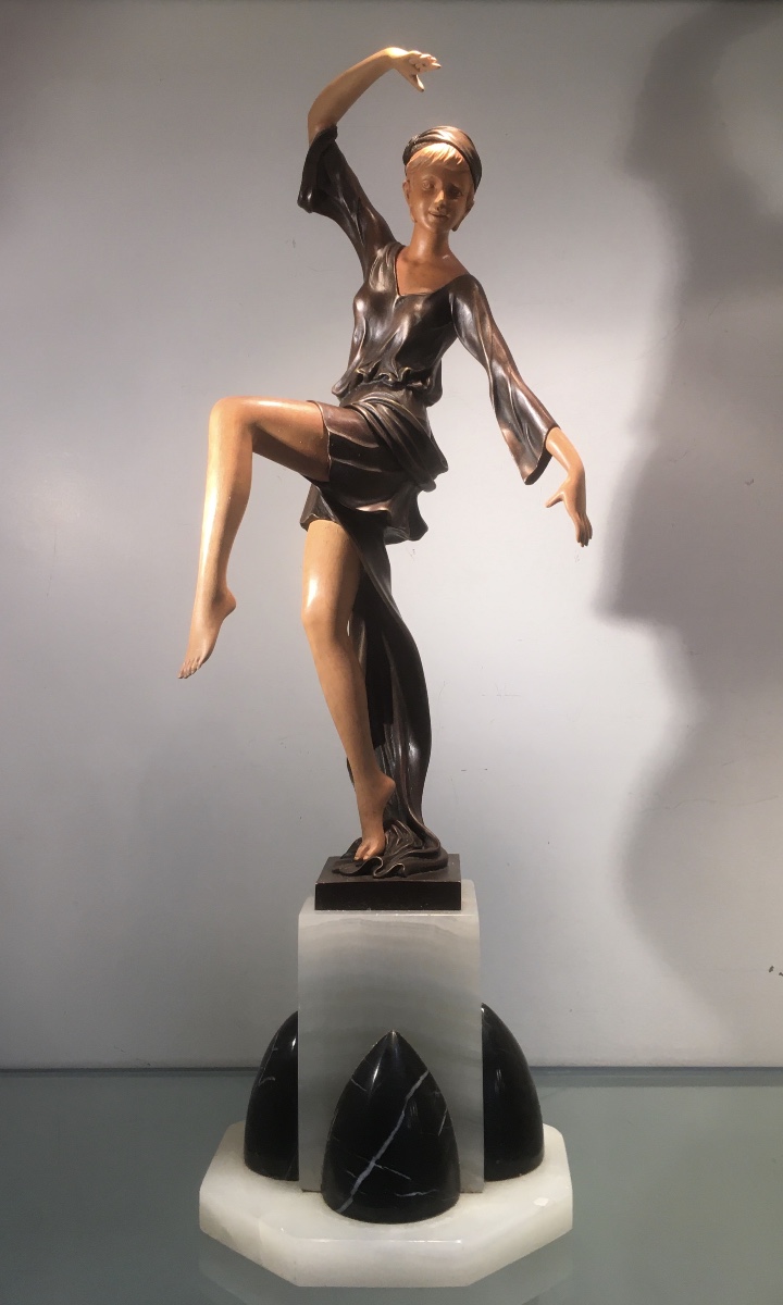 Art Deco Style Sculpture, Antique Copy, Bronze And Wood, 1980s