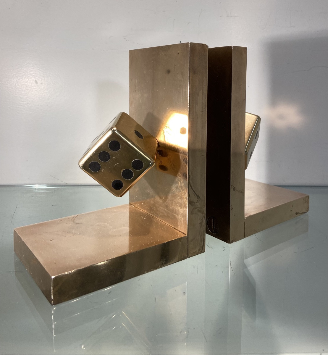 Pair Of Bronze Dice Bookends, 1970s-photo-4