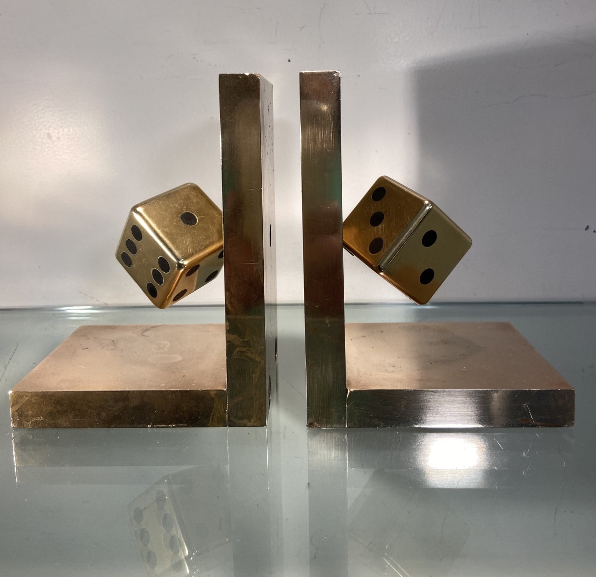 Pair Of Bronze Dice Bookends, 1970s-photo-1