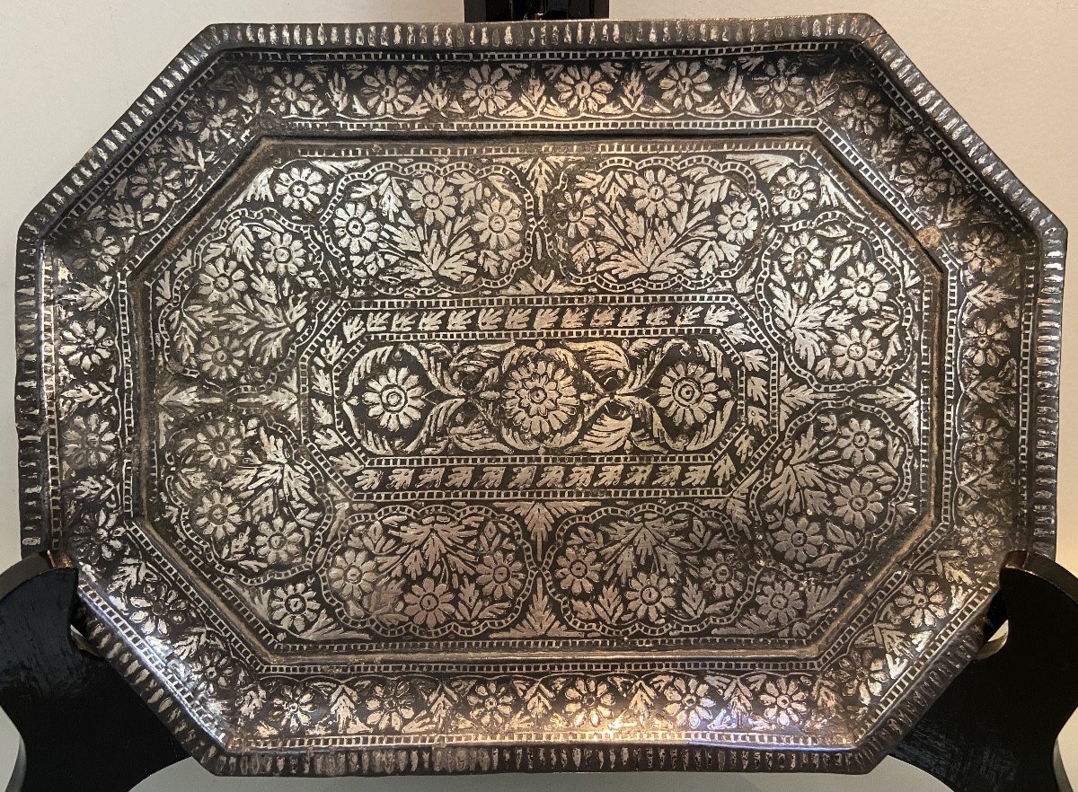 Plateau Indien Du Deccan, Métal Incrusté D'Argent, Epoque XIXe-photo-2