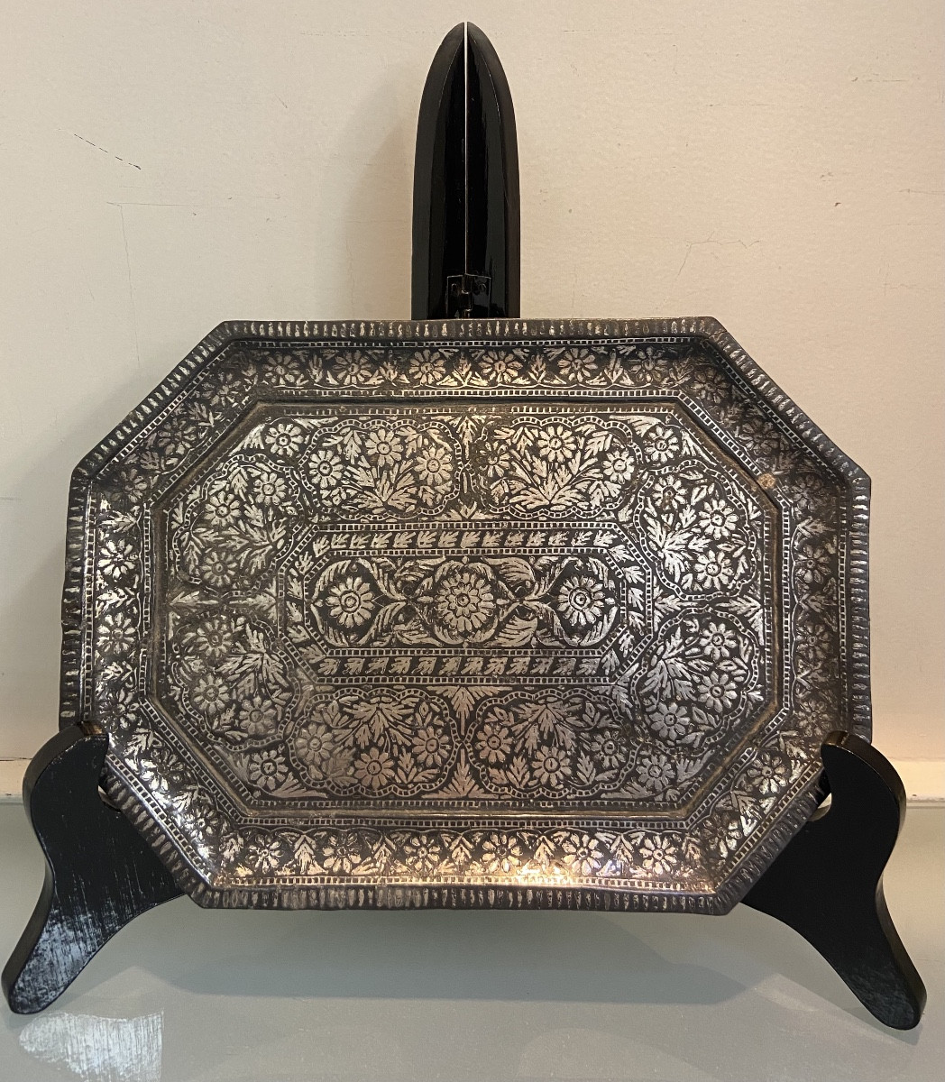 Plateau Indien Du Deccan, Métal Incrusté D'Argent, Epoque XIXe