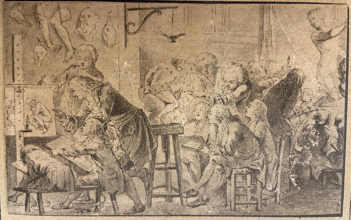 Miniature Drawing Of A Fine Arts Court Scene By Pierre-louis Dumesnil, Louis XV Period