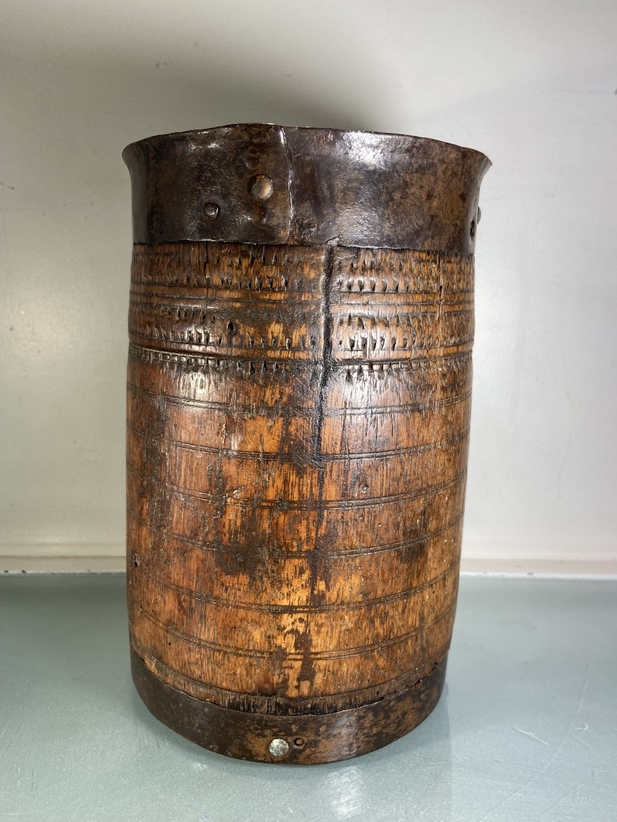 Asian Measuring Pot, Wood And Iron, 19th Century-photo-2