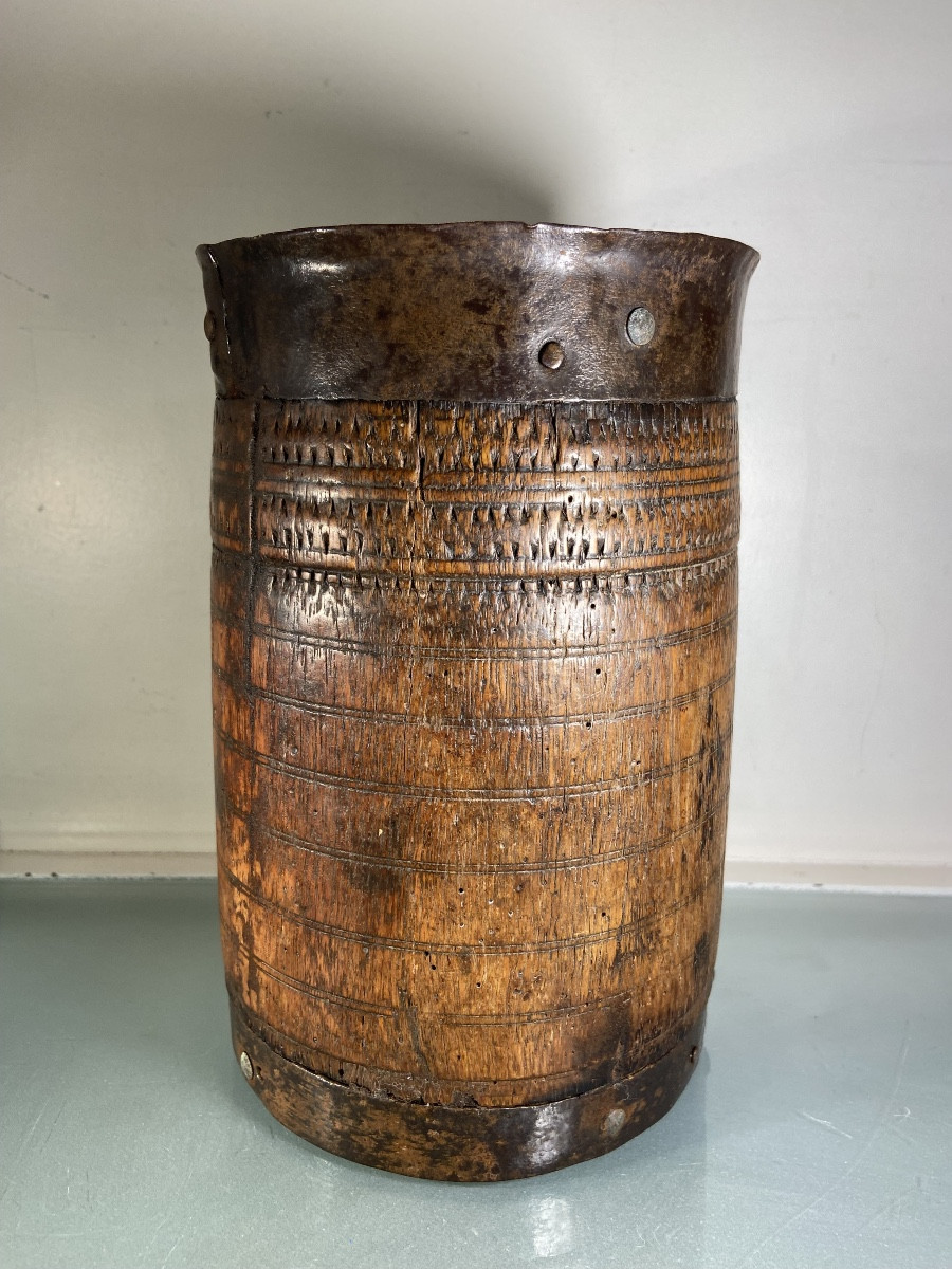 Asian Measuring Pot, Wood And Iron, 19th Century-photo-3