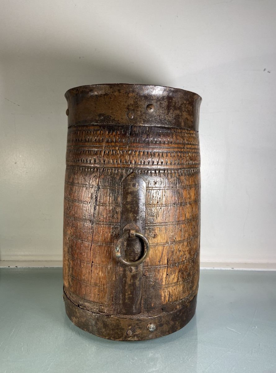 Asian Measuring Pot, Wood And Iron, 19th Century-photo-3