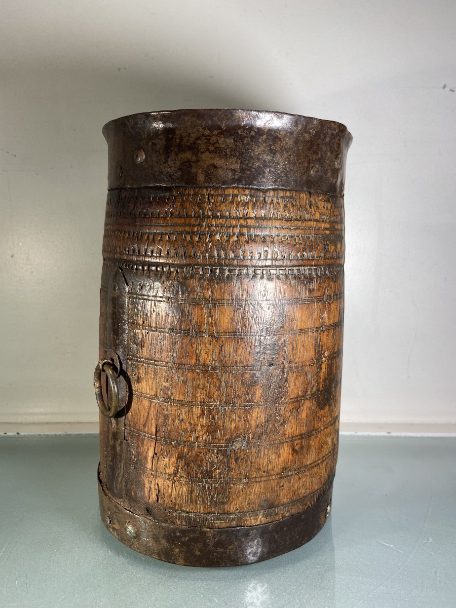 Asian Measuring Pot, Wood And Iron, 19th Century