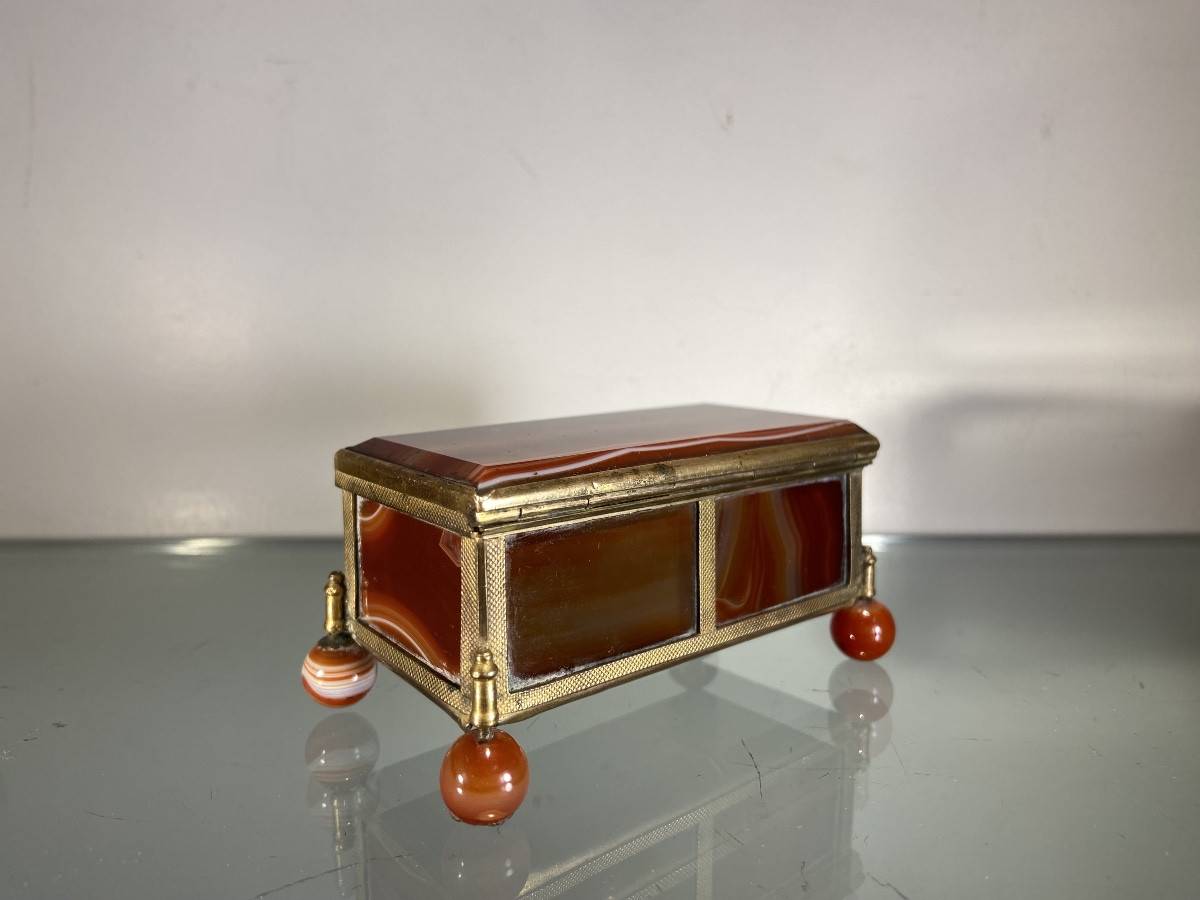 Petite Boîte A Bijoux, Agate Et Laiton, Epoque XIXe-photo-3