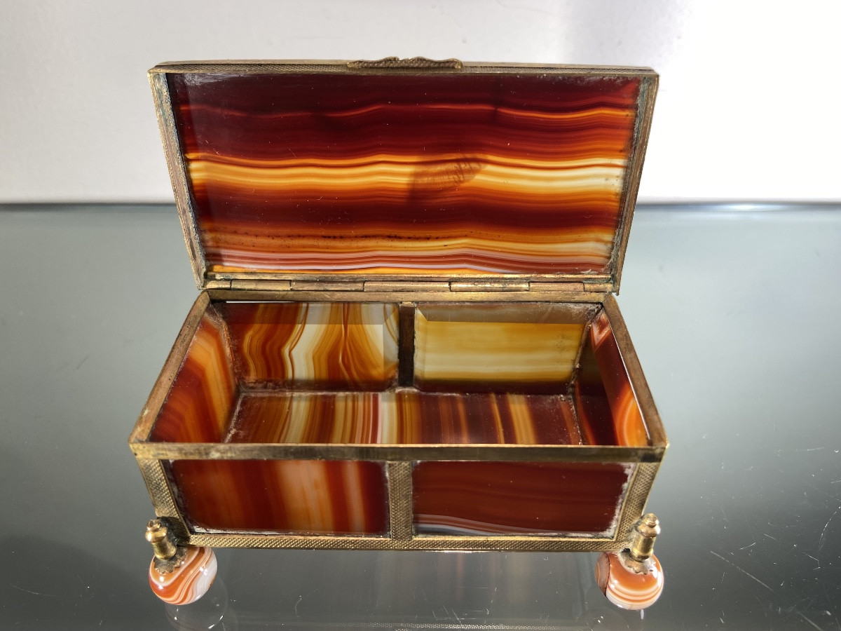 Petite Boîte A Bijoux, Agate Et Laiton, Epoque XIXe-photo-5