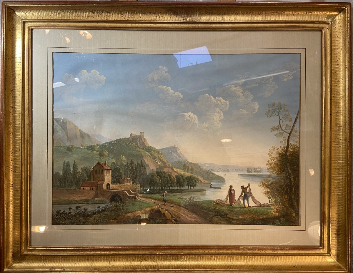 Gouache Paysage Lacustre Animé, Epoque Début XIXe -photo-2