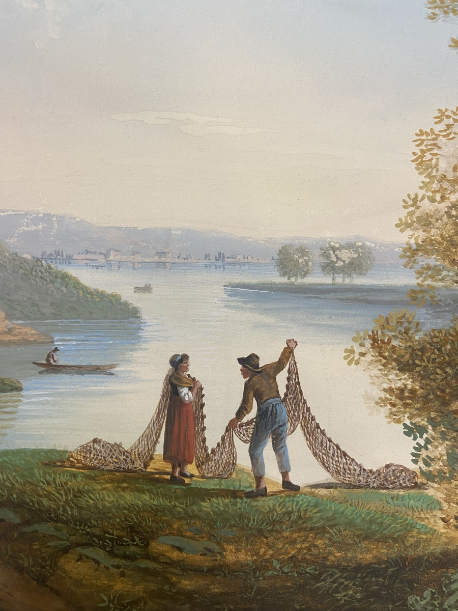 Gouache Paysage Lacustre Animé, Epoque Début XIXe -photo-3