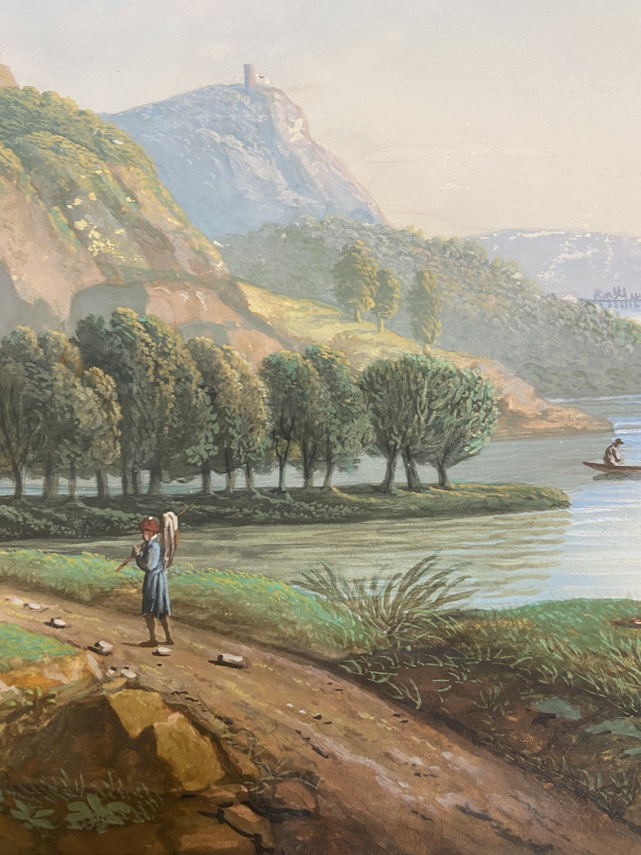 Gouache Paysage Lacustre Animé, Epoque Début XIXe -photo-4