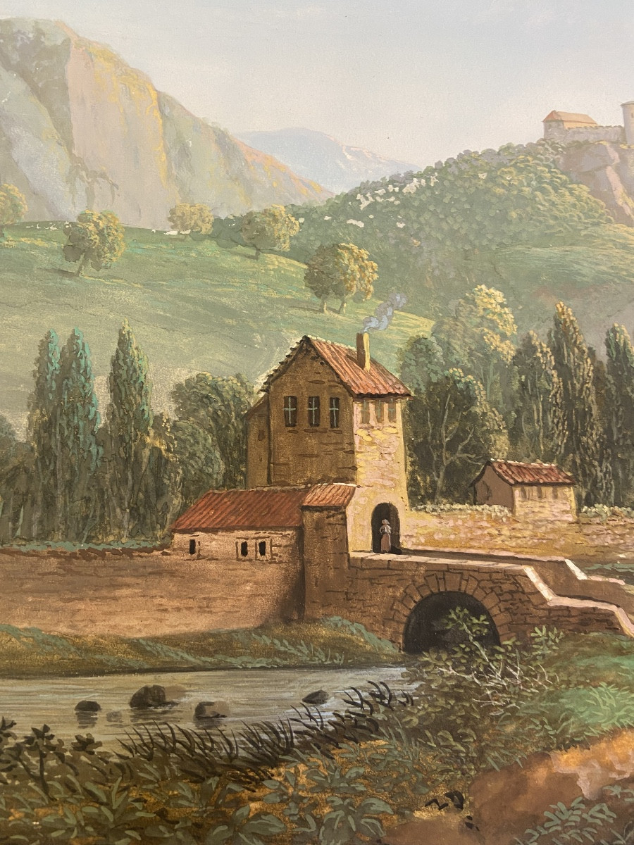 Gouache Paysage Lacustre Animé, Epoque Début XIXe -photo-1