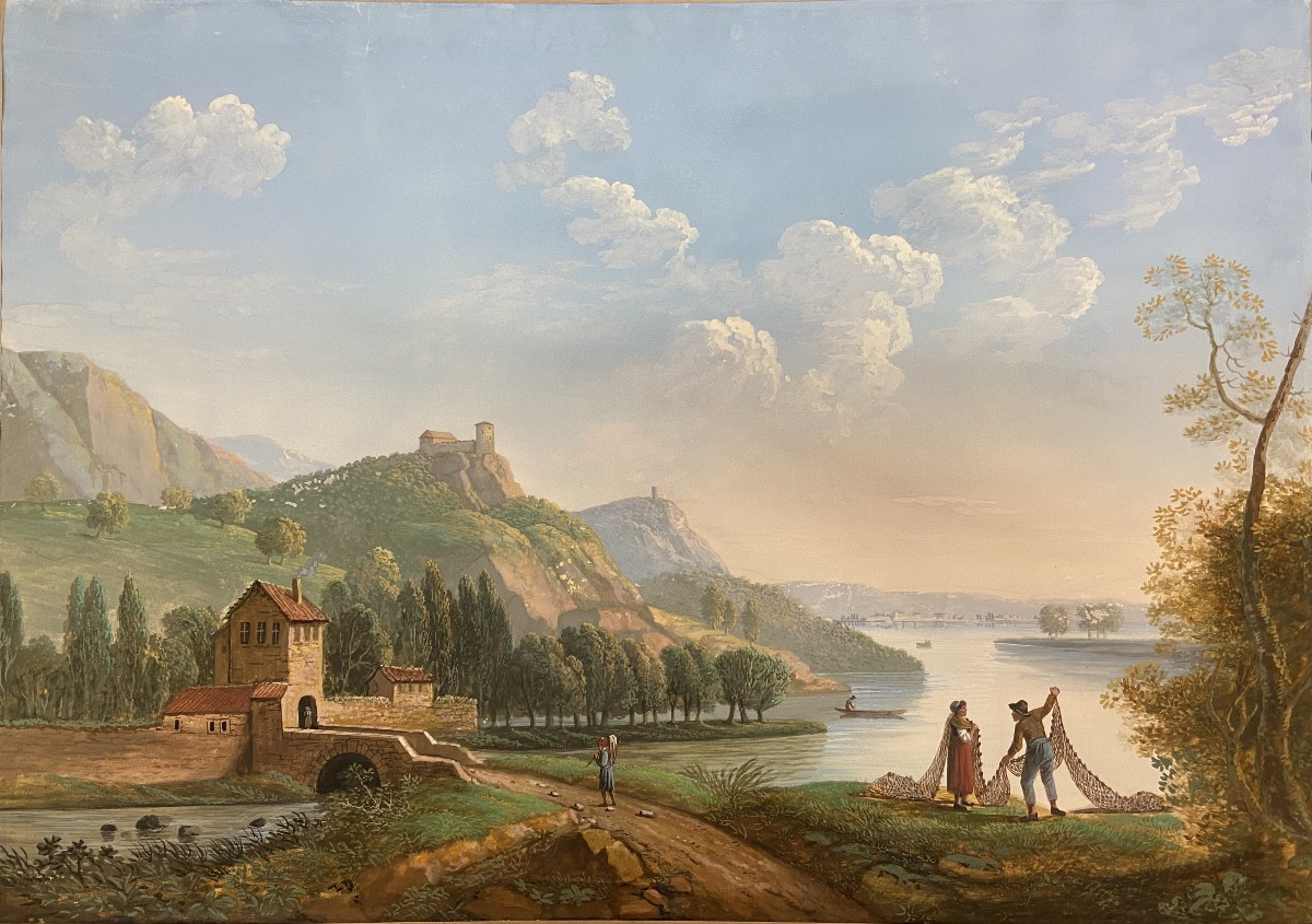 Gouache Paysage Lacustre Animé, Epoque Début XIXe 